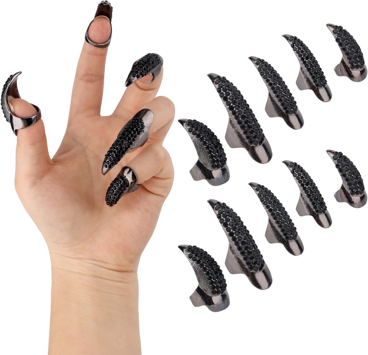 10st Halloween Klauwnagels, Metaal Punk Stijl Vingerklauwen Ringen Lange Nagel Cosplay Dames Halloween Kostuum Accessoires voor Carnaval Vampier Kat Wolf Cosplay