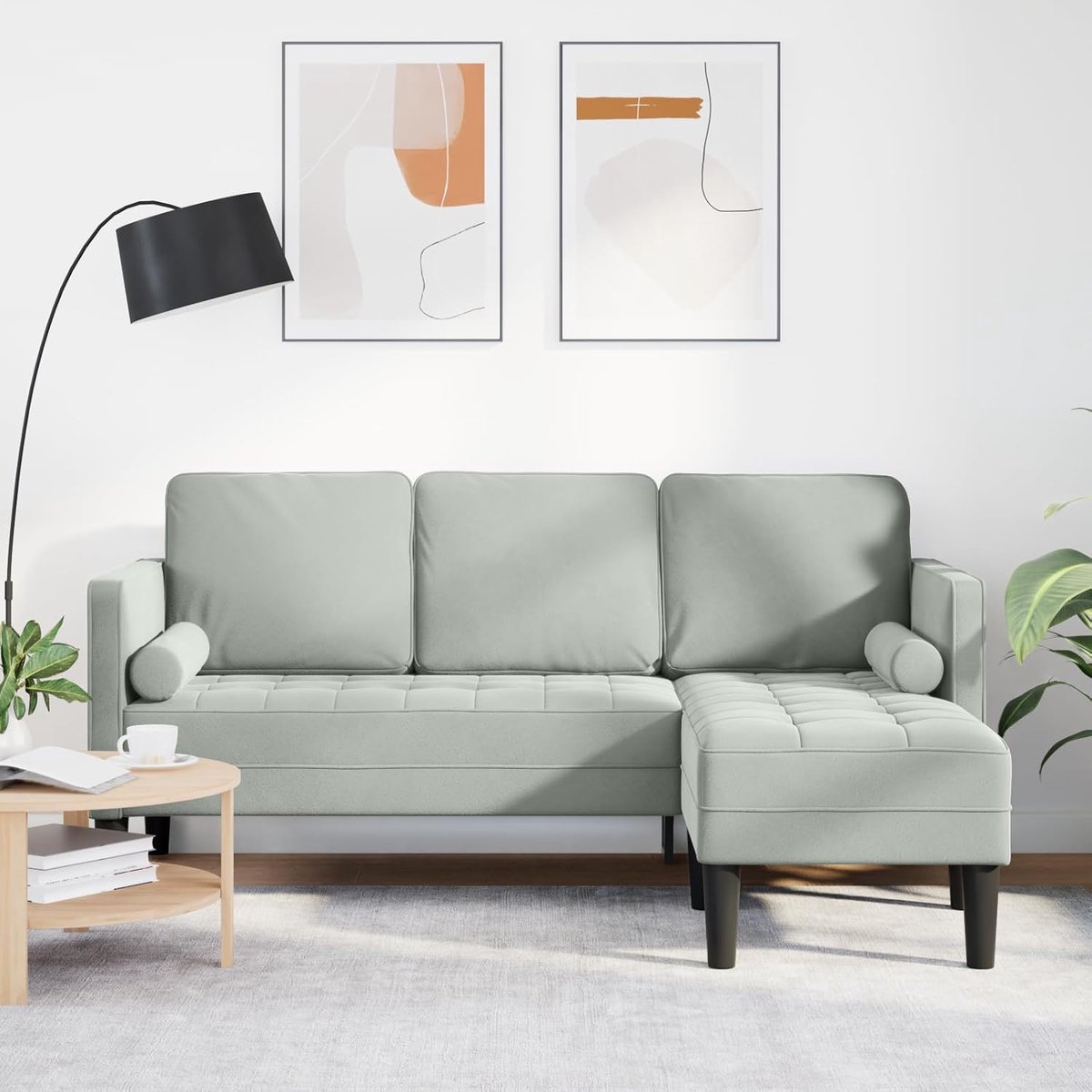 3-zitsbank met chaise longue, L-vorm, 160 cm, lichtgrijs, fluweel, moderne hoekbank, woonkamer, gestoffeerd, ergonomisch design, stabiele constructie, vlekbestendig, polyester stof