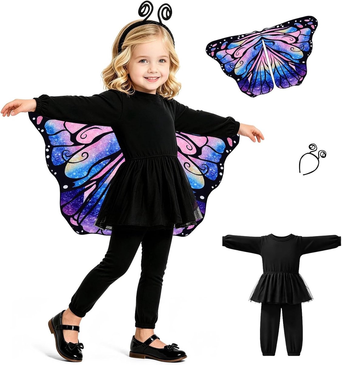 Vlinderkostuum voor meisjes met vleugels, 3 stuks, kinderen, carnaval, party, Halloween, kostuum, vlinder, eendelige verkleding met vlindervleugels en voeler, haarband