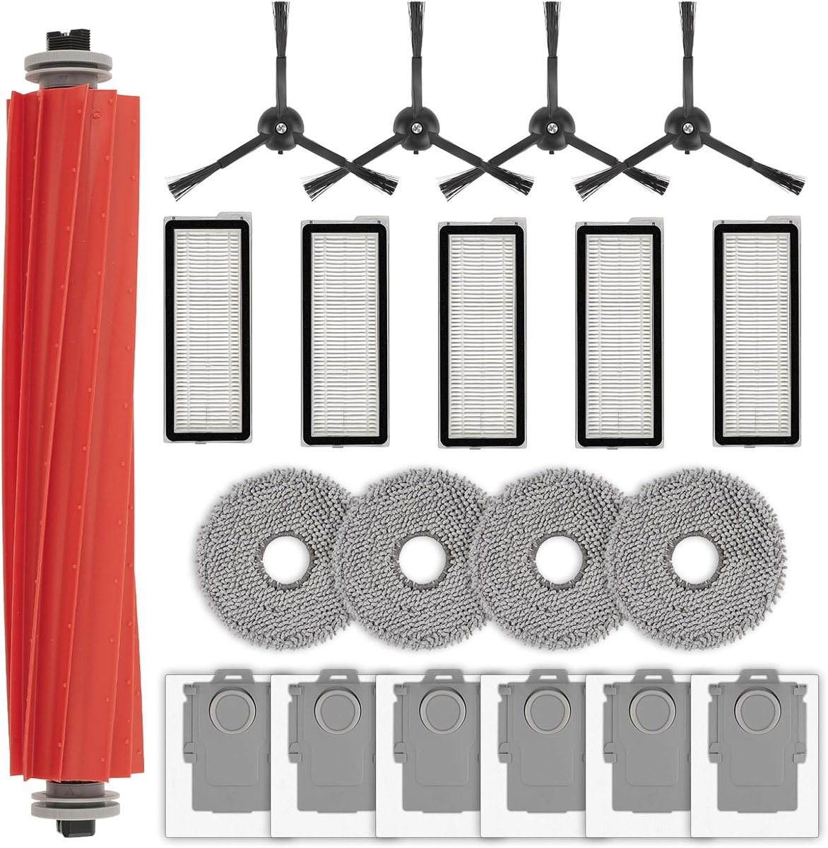 (20 stuks) Q Revo S vervangende onderdelen accessoires kit voor Roborock Qrevo S, Qrevo Pro, Qrevo MaxV, QRevo Plus robotstofzuiger, 1 rolborstel, 4 zwarte zijborstels, 6 stofzakken, 5 HEPA-filters, 4