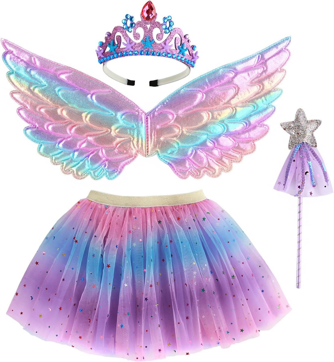 Feeenkostuum voor meisjes, Fancy Dress Up vlinderkostuum, set, prinsessenjurk, tule kostuumset met vlindervleugels, toverstaf en haarband, voor meisjes van 3-8 jaar