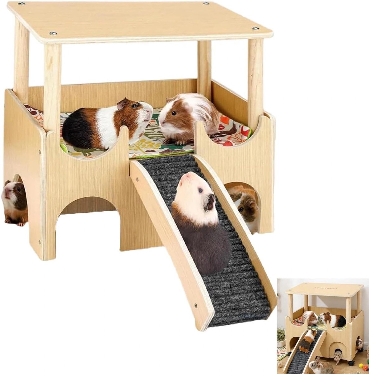 Houten huis met meerdere verdiepingen, geschikt voor cavia's, hamsters, knaagdieren, konijnen en kleine knaagdieren, met hellingen en matten.