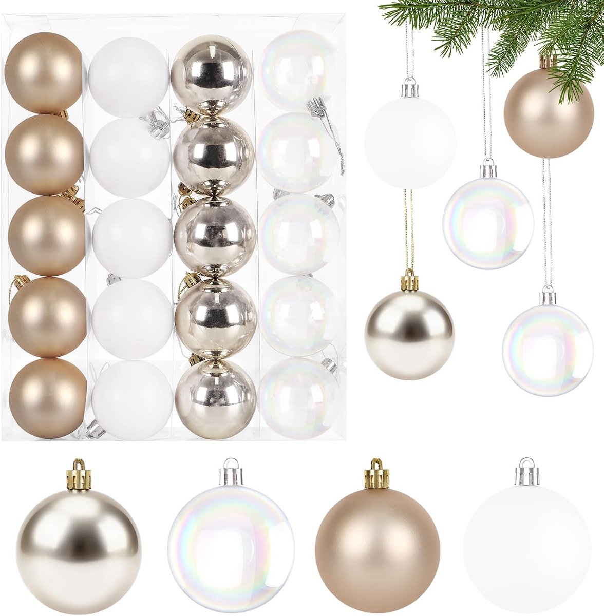 Kerstballen Set, 20 Stuks Kerstboomballen Kunststof Champagne & Wit Kerstboomballen Onbreekbare Kerstdecoratie met Ophanghaakje Kerstdecoratieballen