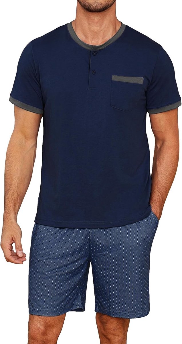 Pyjama heren korte pyjama heren zomer ronde hals pyjama voor heren knoop pyjama jongens nachtkleding mannen korte mouwen stippenpatroon