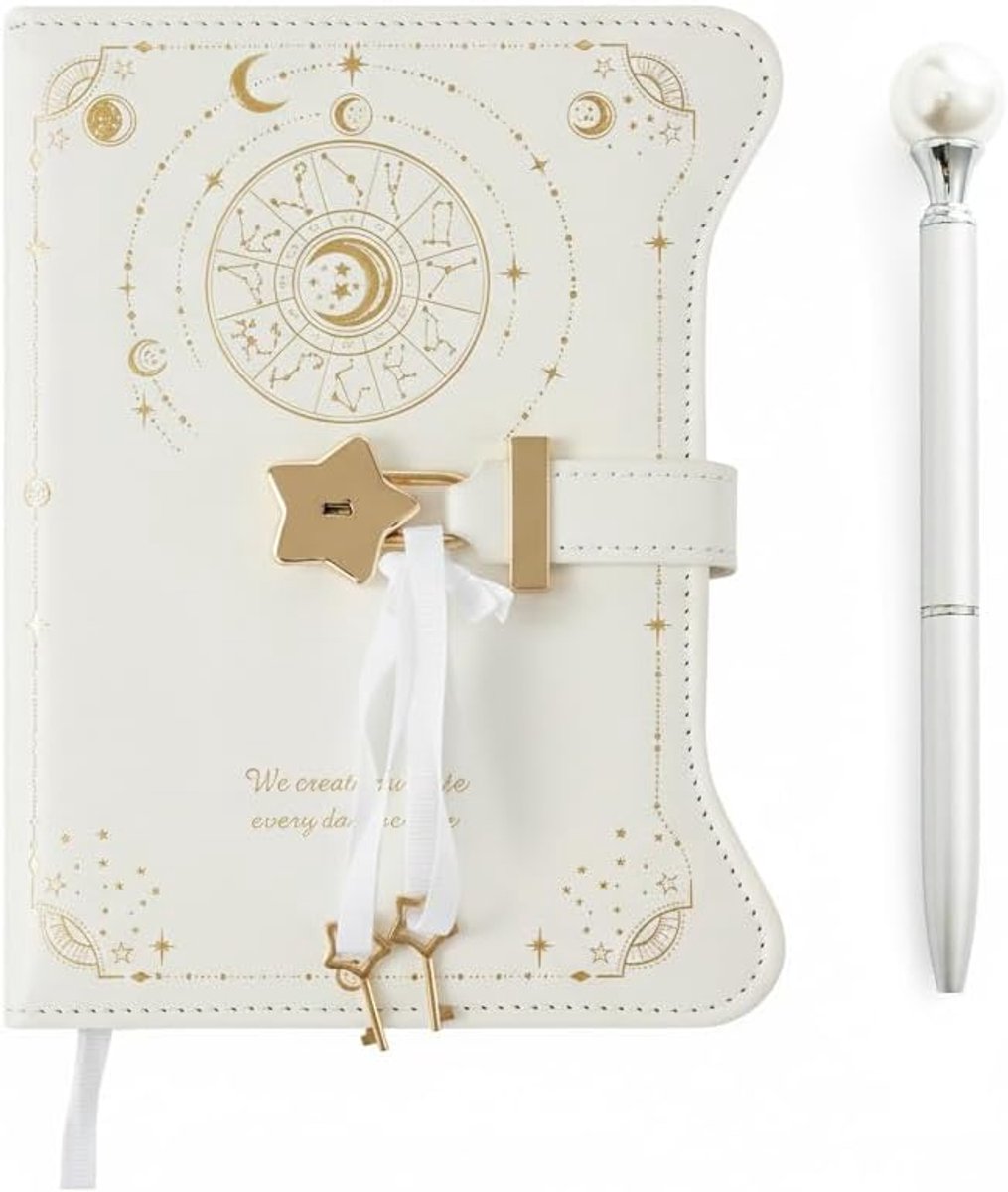 Dagboek met slot en sleutel, B6, afsluitbaar notitieboek, PU-leer, met pen, dagboek, notitieboek met hart, hangslot voor meisjes, vrouwen, kindercadeau (Wit)