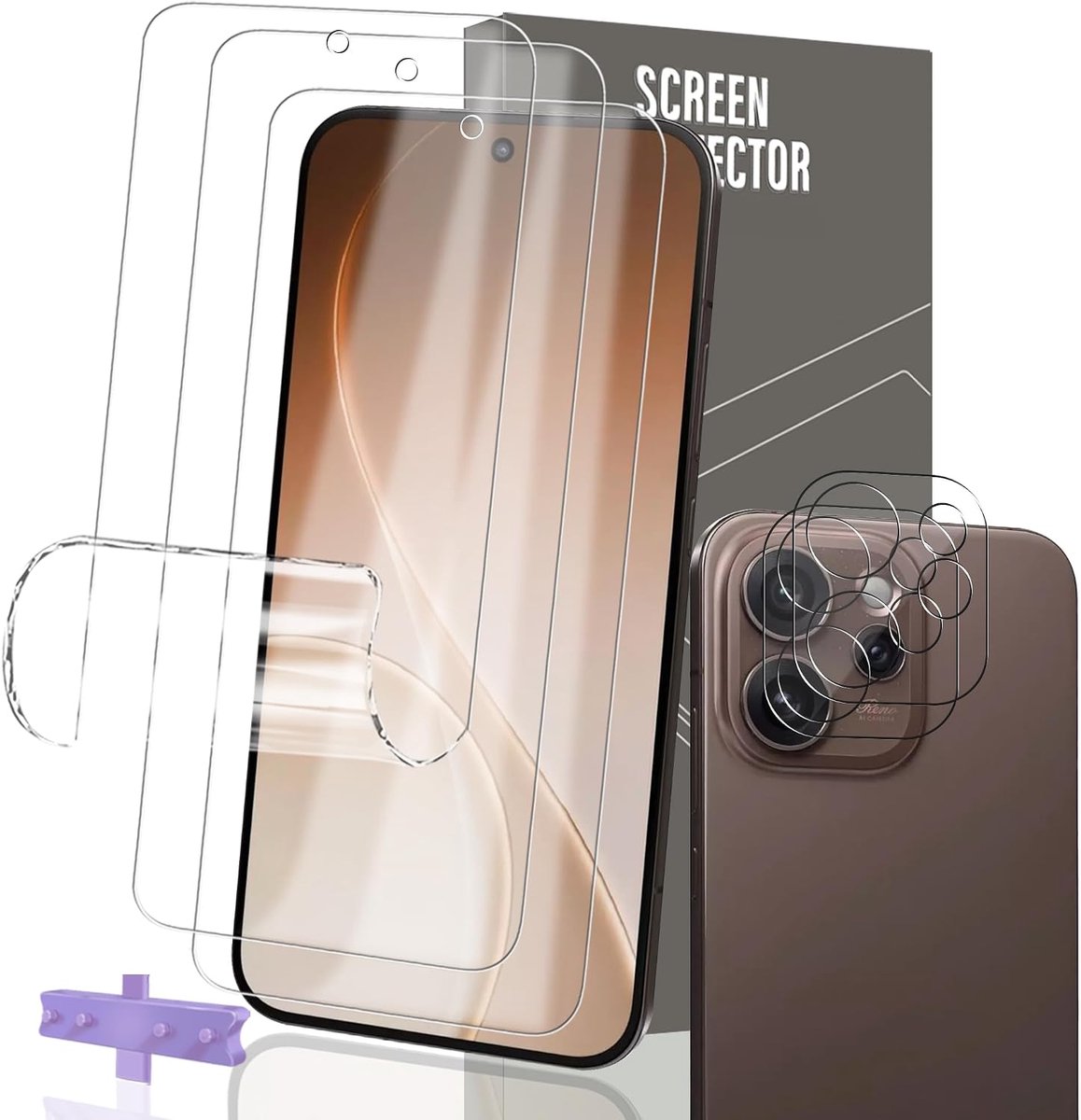 Displaybeschermfolie voor OPPO Reno 15 Pro Max 5G – 3 stuks flexibele folie + 2 stuk camerabeschermer van gehard glas, krasbestendig, HD helder