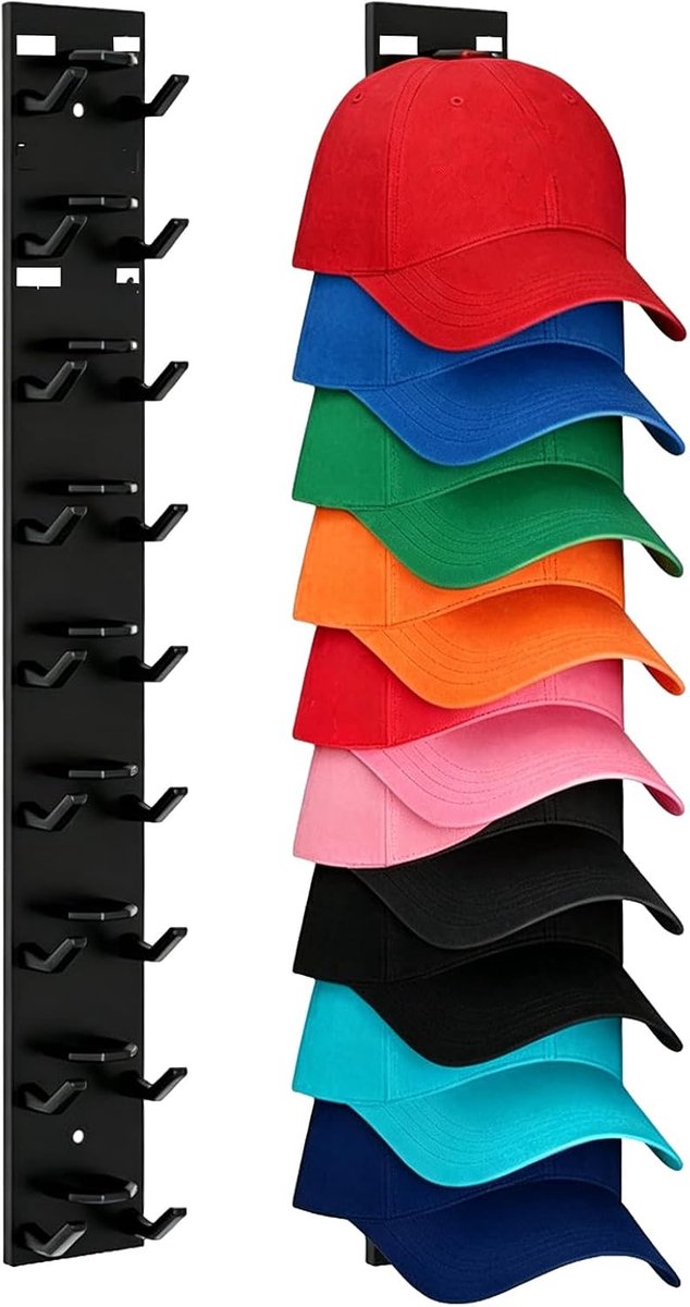 Hoedorganisator voor honkbalpetten, hoedenrek voor muur, kaprek lijm/geboord hoedenhaken, hoedenhanger houder voor maximaal 10 hoeden, honkbalpet hoed opslag display voor deur, kast, slaapkamer (A)