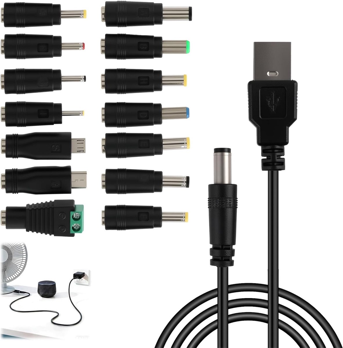 Naar DC-stekkerkabel, 14-in-1 universele oplaadkabel, USB A naar holle stekker, adapterkabel, voeding vervanging voor router, ledstrips, tv-box, scheerapparaat, elektronische accessoires