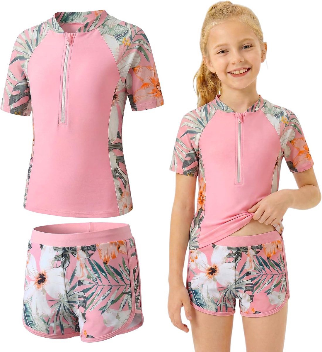 badpakken voor meisjes: zwempak met korte mouwen en korte broek, tweedelig badpak met bloemenpatroon, sneldrogend, topjes met halve rits + zwembroek, 2-delige set zwemkleding voor 5-14 jaar