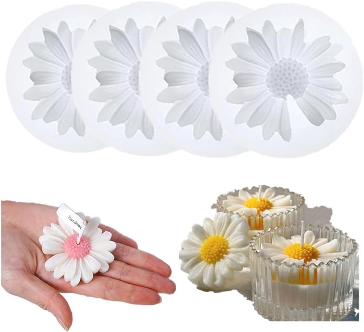 3D-madeliefjes, kaarsgietvormen, 4 stuks, madeliefjes, siliconen vormen, bloemen, siliconen gietvormen voor kaarsen voor zeep, chocolade en gebak