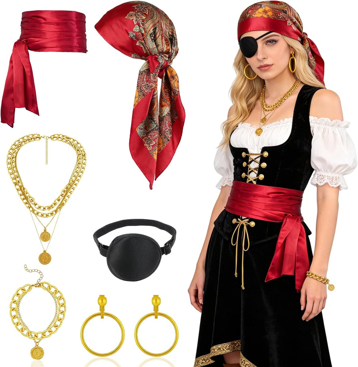Piratenkostuum voor dames, piratenkostuum voor vrouwen, oogklep, piraat, haarsieraad, tailleketting, Halloween, carnaval kostuum