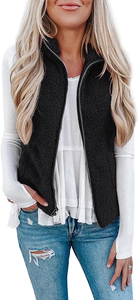 Teddyfleece gilet voor dames, effen bodywarmer, behaaglijke lichte gilets, mouwloos, staande kraag, rits en zakken
