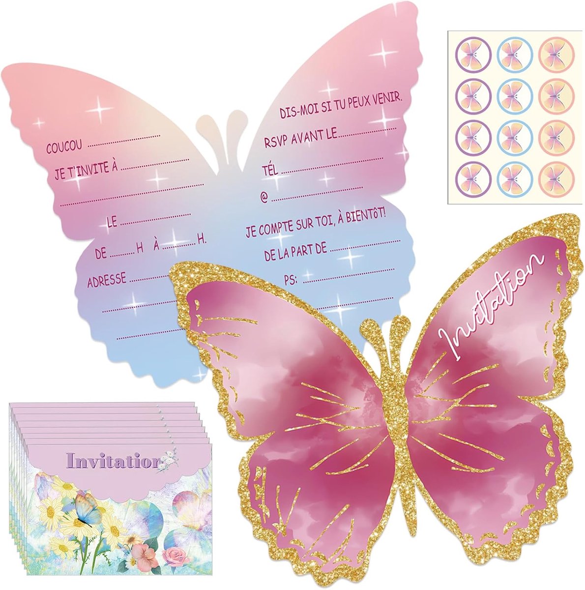 Uitnodigingskaarten, uitnodigingskaarten, flutter met enveloppen, kinderverjaardag voor meisjes, vlinder, feestuitnodiging, themafeest, uitnodigingskaarten, kinderverjaardag, 12 stuks