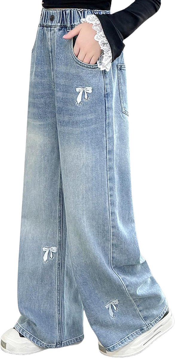Jeans voor meisjes, hoge taille, brede pijpen, denim, losse bootcut, voor kinderen van 6-15 jaar