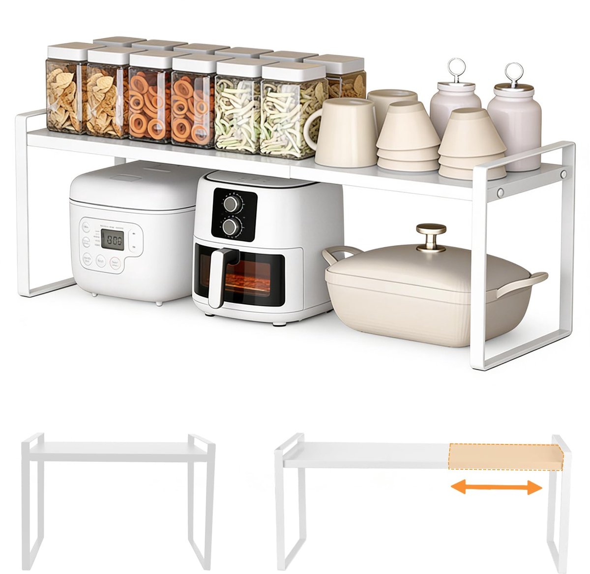Famanu – Uitschuifbaar keukenrek voor werkblad, verstelbaar kastrek, 35-65 cm, van koolstofstaal, wit opbergrek voor keuken, eetkamer en werkblad (boxed)