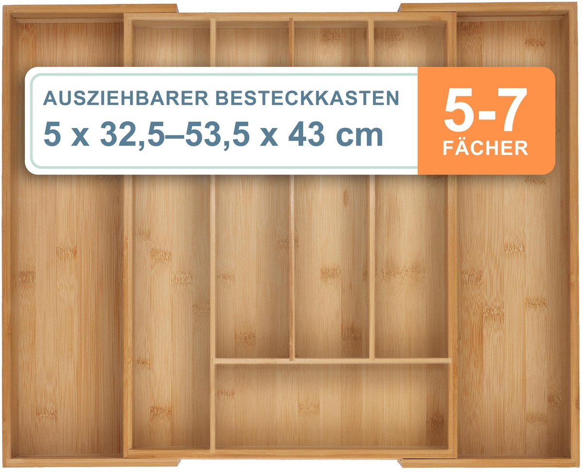 Bestekbak - uitschuifbaar, 5-7 vakken, H x B x D: 5 x 32,5-53,5 x 43 cm, bamboe, voor besteklade, natuur