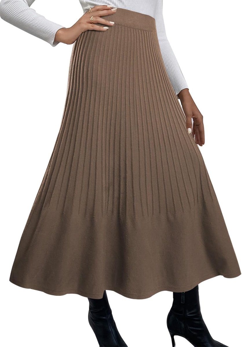 Lange rok voor dames, hoge taille, gebreide plooirok, A-lijn, winterrok, elastische tailleband
