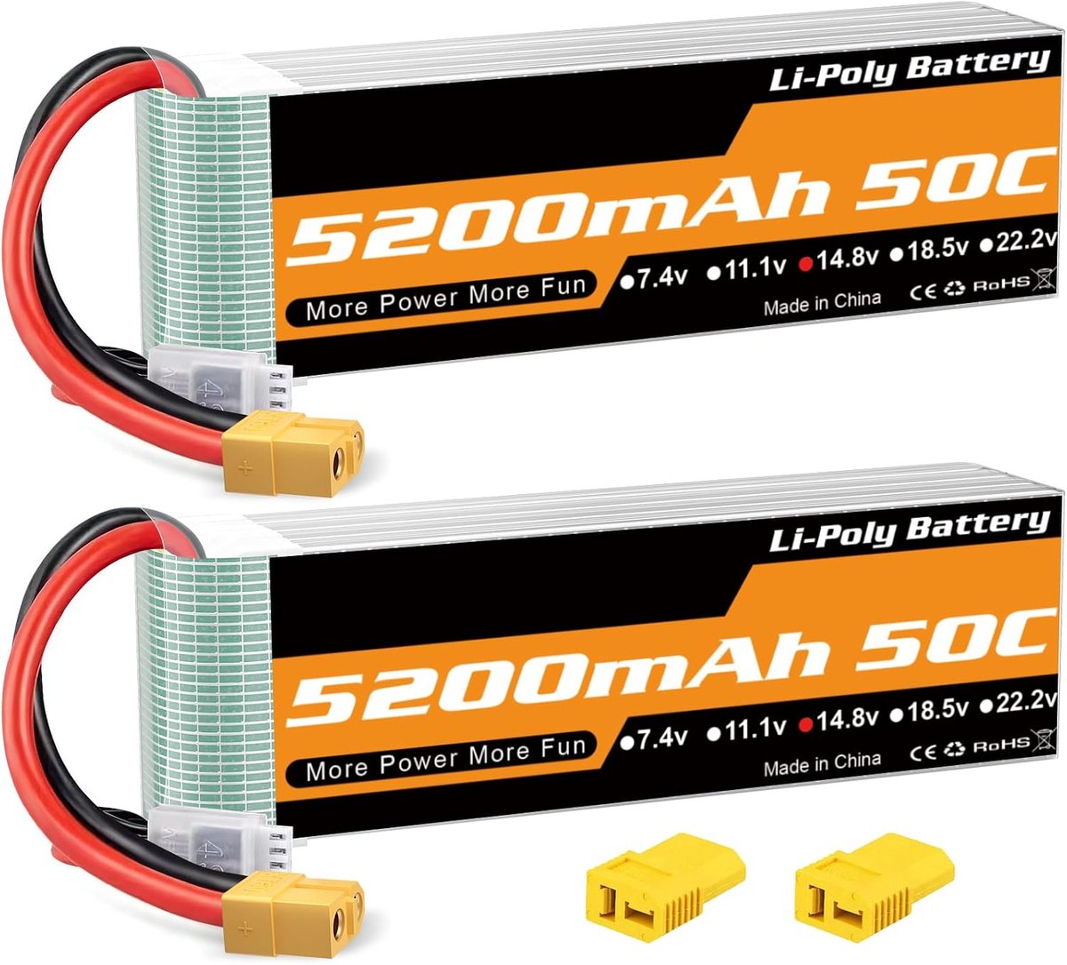 4s Lipo-accu 5200 mAh, 14,8 V Lipo-batterij 50C XT60 en Deans T-aansluiting voor RC Car Truck Truggy vliegtuig UAV drone EDF (2 stuks)