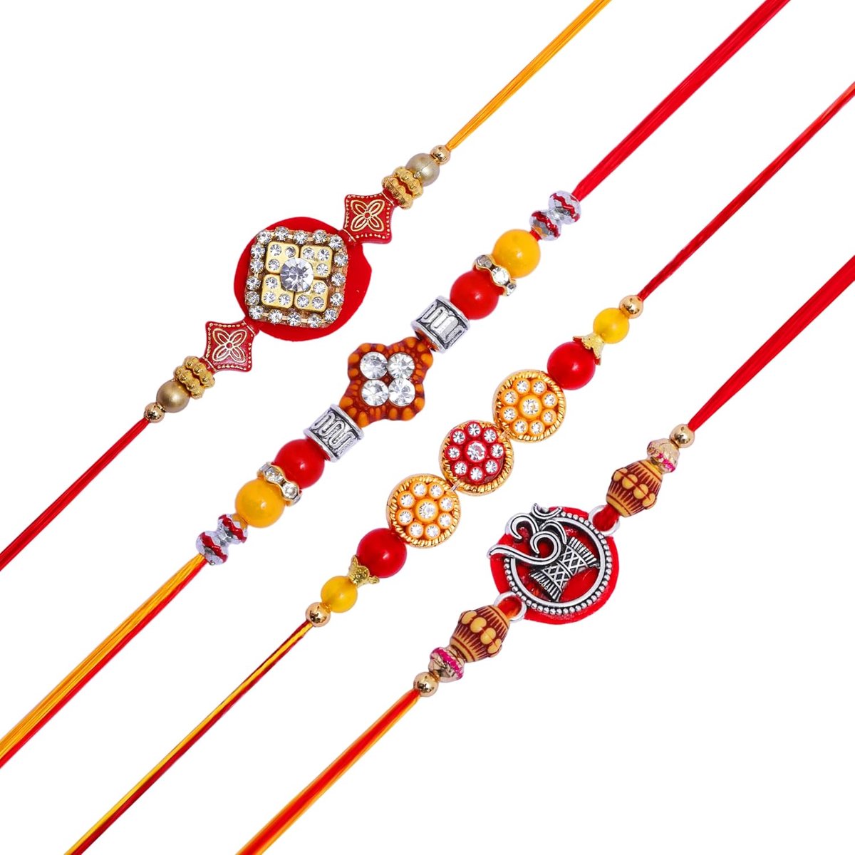 Set van 4 Rakhi voor broer draad armband voor Bhai Bhabhi Bhaiya veera Raksha Bandhan Dora set armband met Rakhi cadeaubon pakket voor broer zus Indiase traditionele Raksha Bandhan Festival