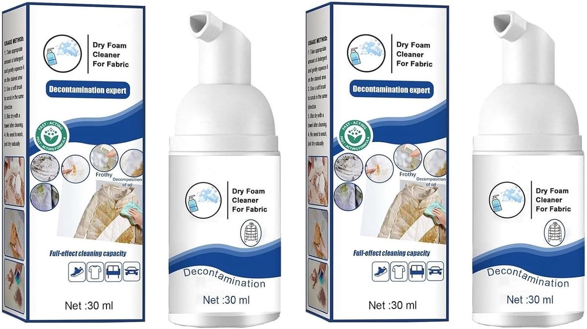 Droogschuimreiniger voor Kleding, Droogreiniger voor Kleding, Droogverzorging, Vlekverwijderaar, Wasvrije Schuimreiniger, Dry Foam Cleaner for Clothes, 30 ml, 2 Stuks