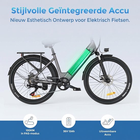 HillMiles MileCity 1 Elektrische fiets, lage instap 44cm, 26 inch stads e-bike voor volwassenen, 25km/u, Shimano 7 versnellingen, 36V13Ah accu, mechanische schijfrem, voorvorkvering, Blauw — afbeelding 4