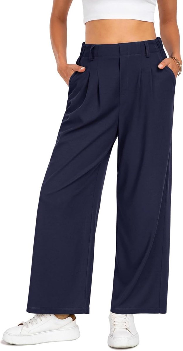 Palazzo Damesbroek, zakelijke wafelgebreide stoffen broek, elegant, casual, losse hoge taille met elastiek, brede pijpen, vrijetijdsbroek