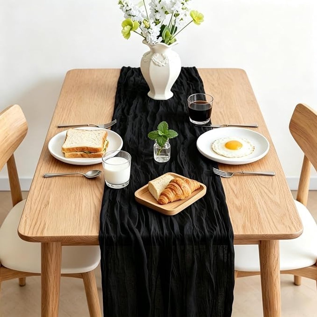Livatto Kaasdoek Tafelloper Zwart 300 x 90 cm - Boho Gaas Tafelloper voor Bruiloften en Feesten