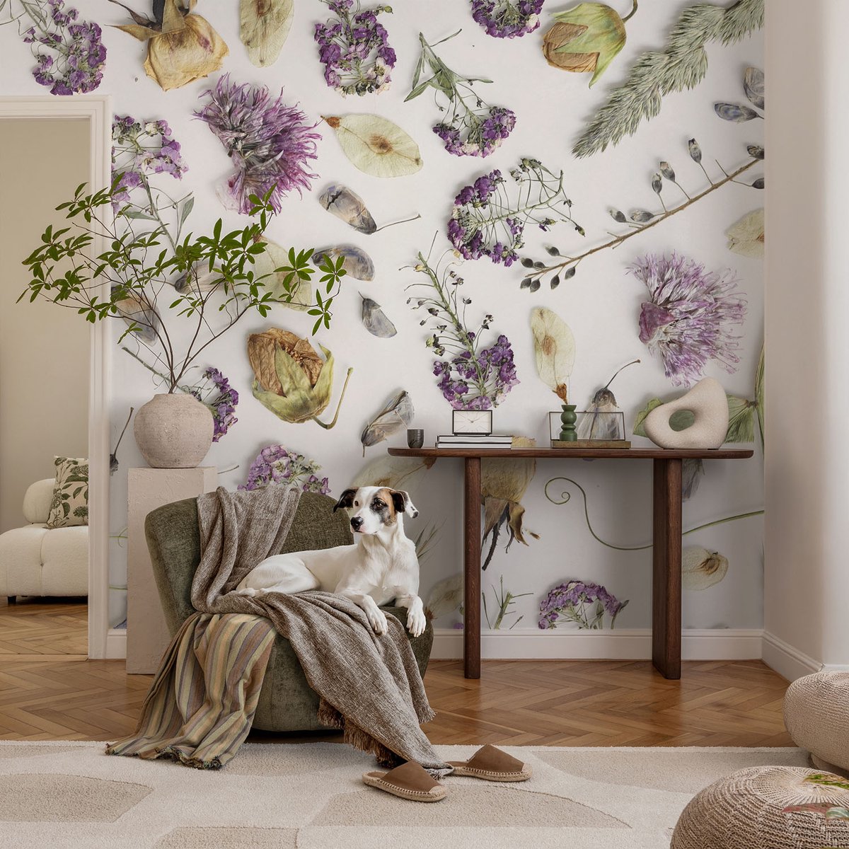 Coloray Vliesbehang - Wit Snellijm Behang - 104x70 cm - Gedroogde Bloemen Muurschildering - Slaapkamer behang Bloemen En Planten - Fotobehang Vlies - Slaapkamer behang