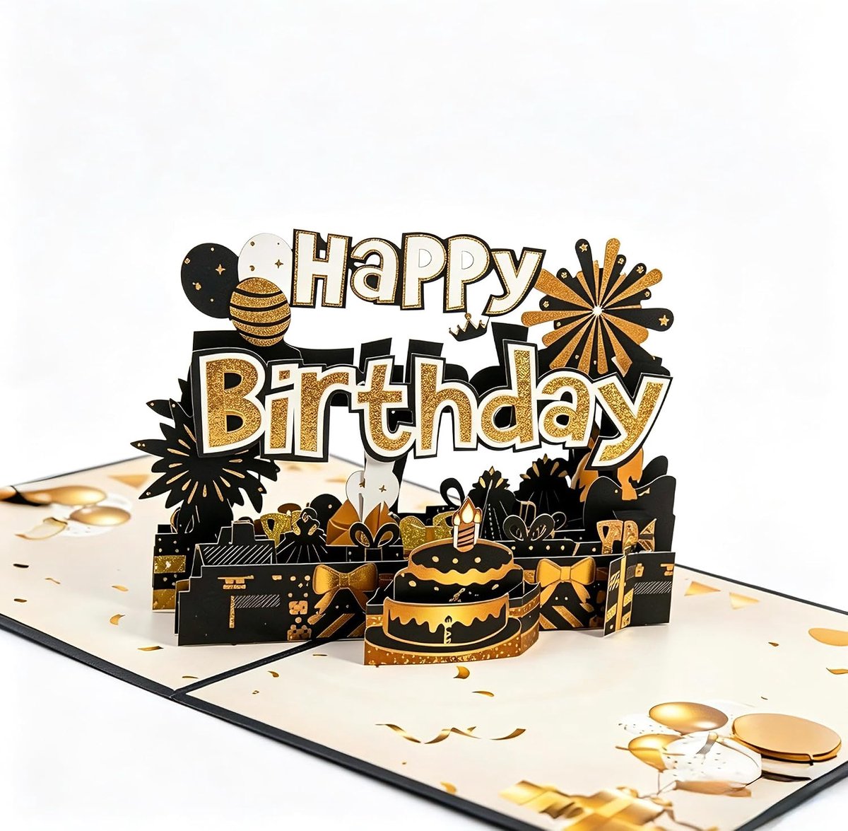 3D pop-up kaart zwart goud taart verjaardagskaart met envelop