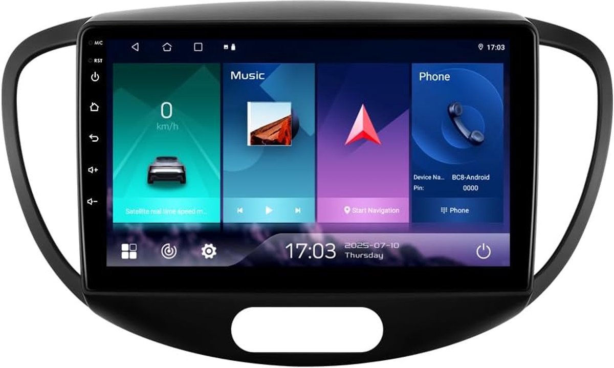 Autoradio voor Hyundai I10 (2007-2013), 9 Inch Android 14 Aanraakscherm 2+32GB GPS Navigatie met Carplay Android Auto WiFi Bluetooth Stuurwielbediening DSP USB TPMS OBD2 DAB+