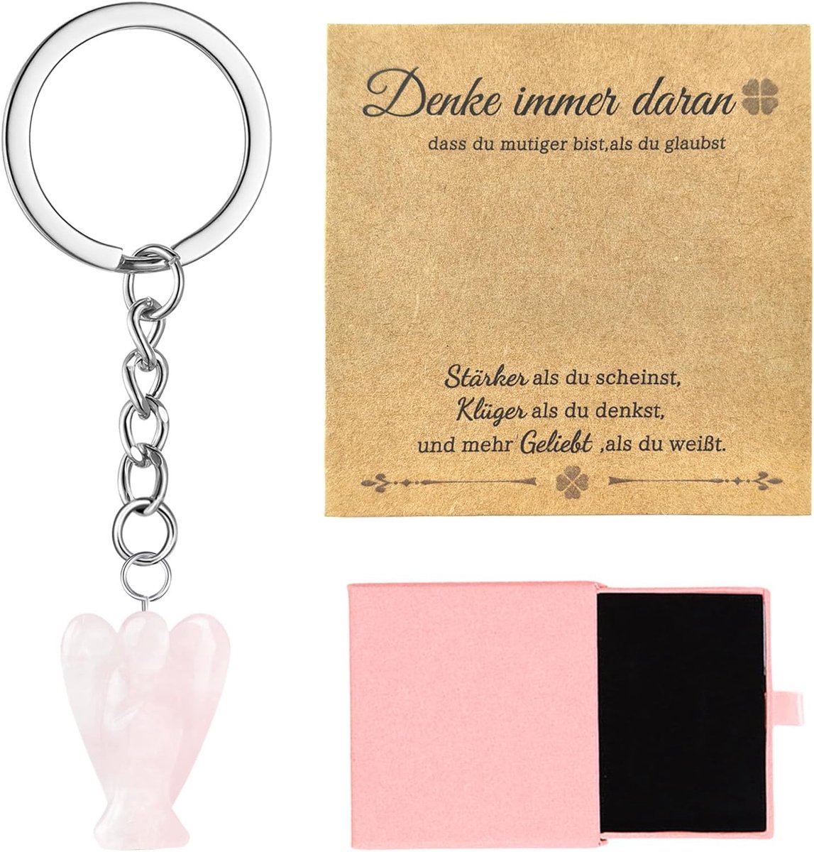 Cadeau - Beschermengel Sleutelhanger met Geschenkdoos+Kaart,Rozenkwarts Engel Figuur Kristal, Beschermengel Geluksbrenger,Roze Helende Kristal,geschikt als cadeau voor Vrouwen,Vriendin