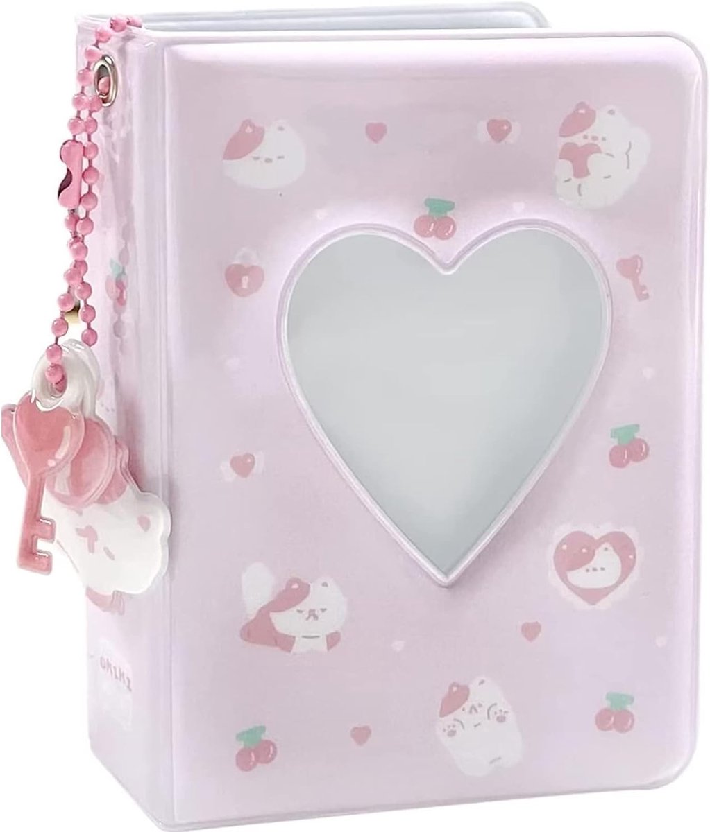 3 inch schattige kat Kpop fotokaarthouder boek met hanger, 40 zakken mini fotoalbum, Kpop album fotokaarthouder liefde hart hol album, roze