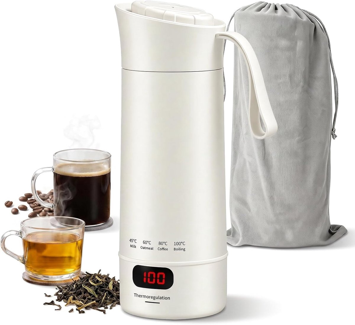 Klein, 400 ml, 4 instelbare temperatuurniveaus, waterkoker, reizen van thee, koffie en zuigelingenvoeding, perfect om mee te nemen op vakantie