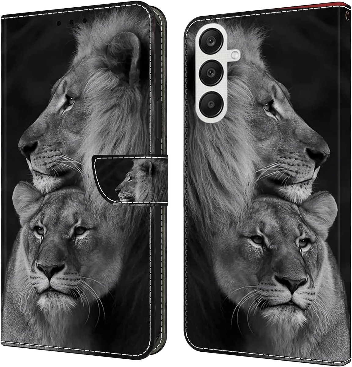 Compatibel met Samsung Galaxy A16 5G, hoes van PU-leer, klaphoes met standaard en kaartsleuven, beschermhoes, portefeuille, case, cover, leeuw, zwart/grijs