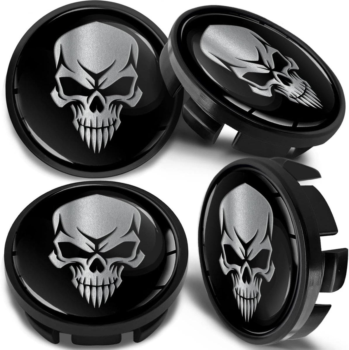 4 x 65mm wielnaafdoppen velgdoppen naafdop, compatibel met VW 3B7 601 171 / 6U7 601 171 wieldoppen, velgendeksel Schedel Zwart Zilver CV 51