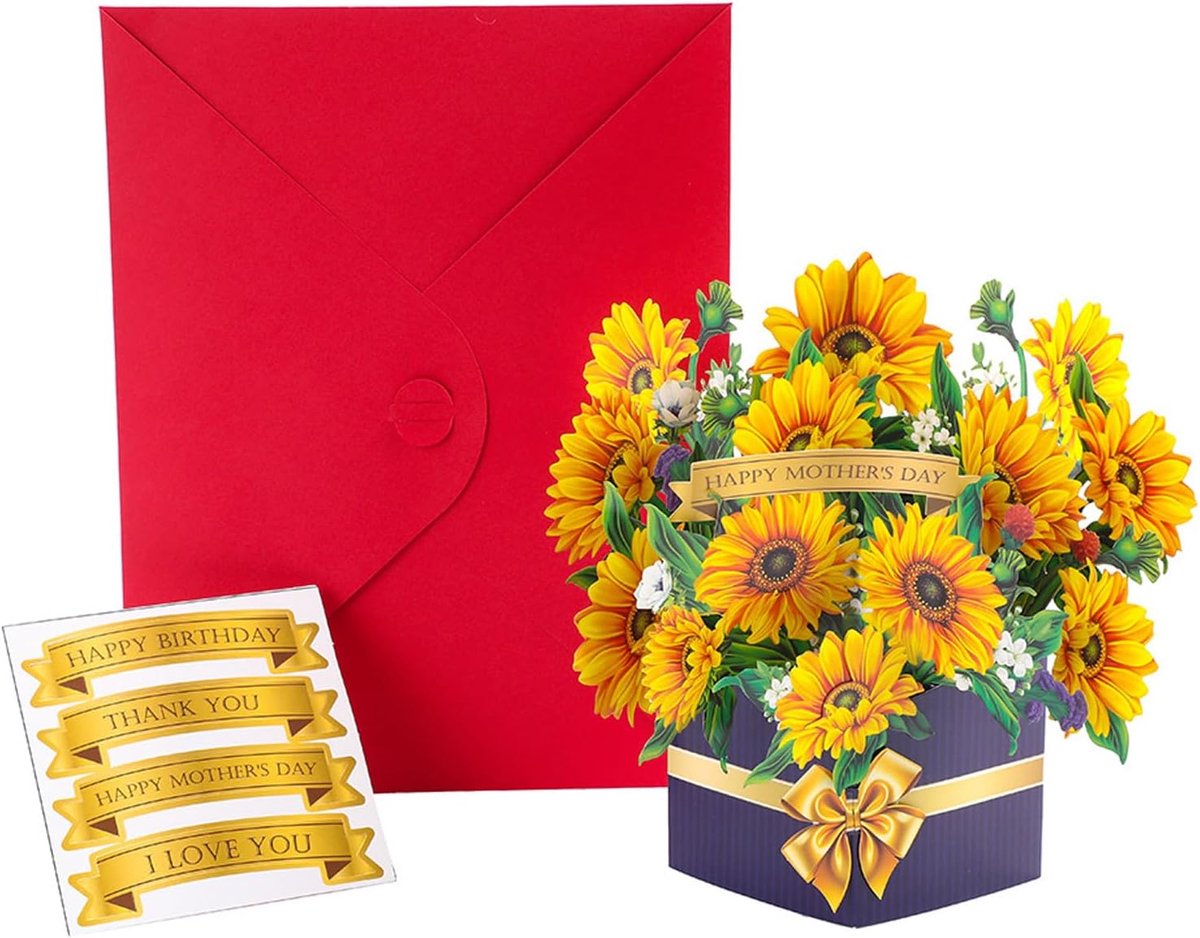 Pop-up kaart, 3D-bloemenverjaardagskaarten voor dames, wenskaarten boeket van papier met envelop, pop-up kaart om te bedanken voor mama, afscheidscadeau
