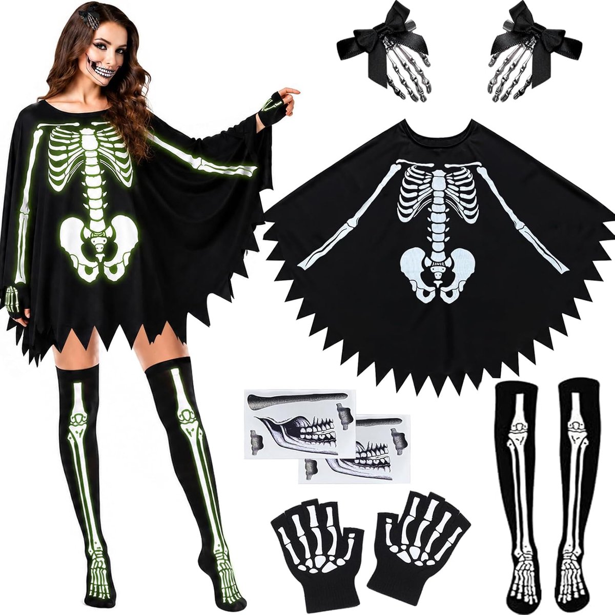 Skeletkostuum voor dames, Halloween, 5 stuks, donker oplichtend skeletkostuum voor dames, poncho, Halloween skeletkostuum voor volwassenen, vampierjumpsuit, cosplay, horror voor carnaval, themafeest