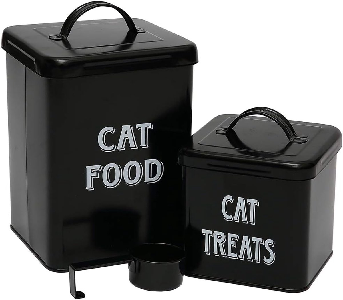 Kattenvoer en traktaties containers set met schep voor katten - Vintage wit gepoedercoat koolstofstaal - strakke deksels - opbergblikken klein-zwart