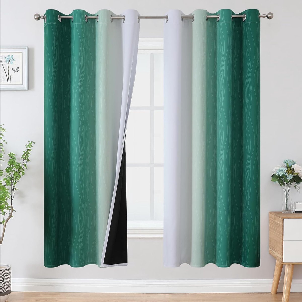 Kleurverloop ombre, verduisterende gordijnen met ringen, dikke thermogordijnen koude- en hittebescherming, gordijnen voor woonkamer, H 183 x B 132 cm, donkergroen en wit, set van 2
