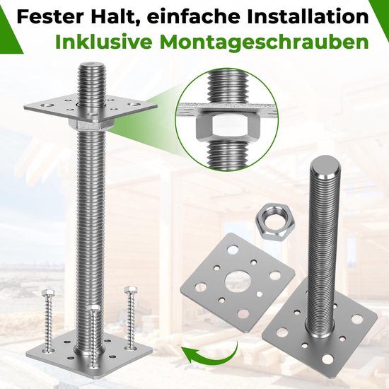 4 x in hoogte verstelbare paaldragers, 80 x 80 x 250 mm, zilver, thermisch verzinkte steunpoot, bodemplaat om vast te schroeven, voor carport, pergola, omheining — afbeelding 3
