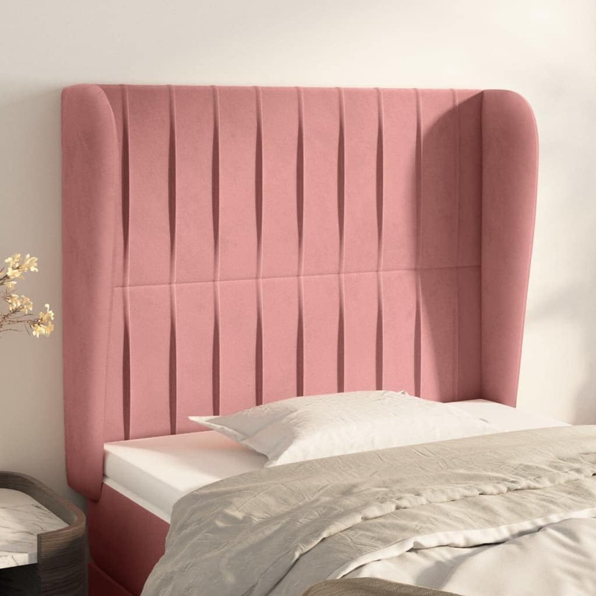Hoofdeinde met oren in roze fluweel, 93 x 23 x 118/128 cm, in hoogte verstelbaar met stabiele houten poten voor luxueus comfort en uitstekende rugondersteuning