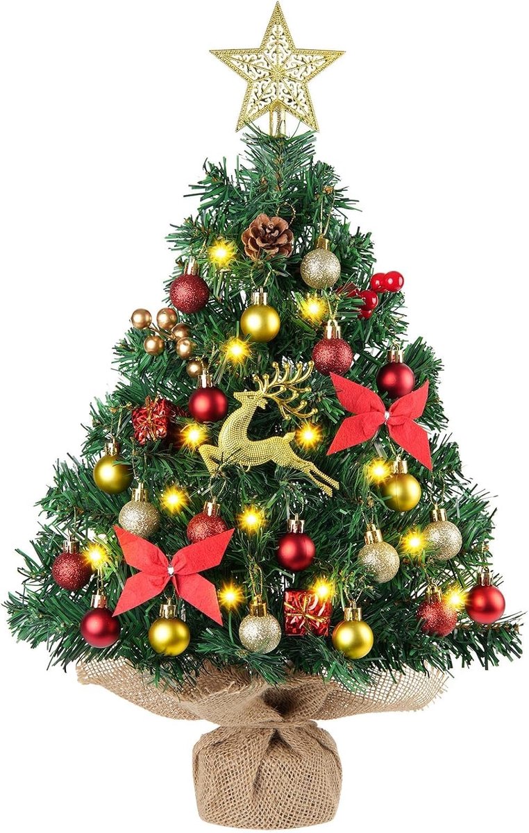 Mini-kerstboom met LED-verlichting, 61 cm kunstkerstboom, kleine tafelkerstboom voor thuis, feest, kantoor, tafeldecoratie, kerstdecoratie