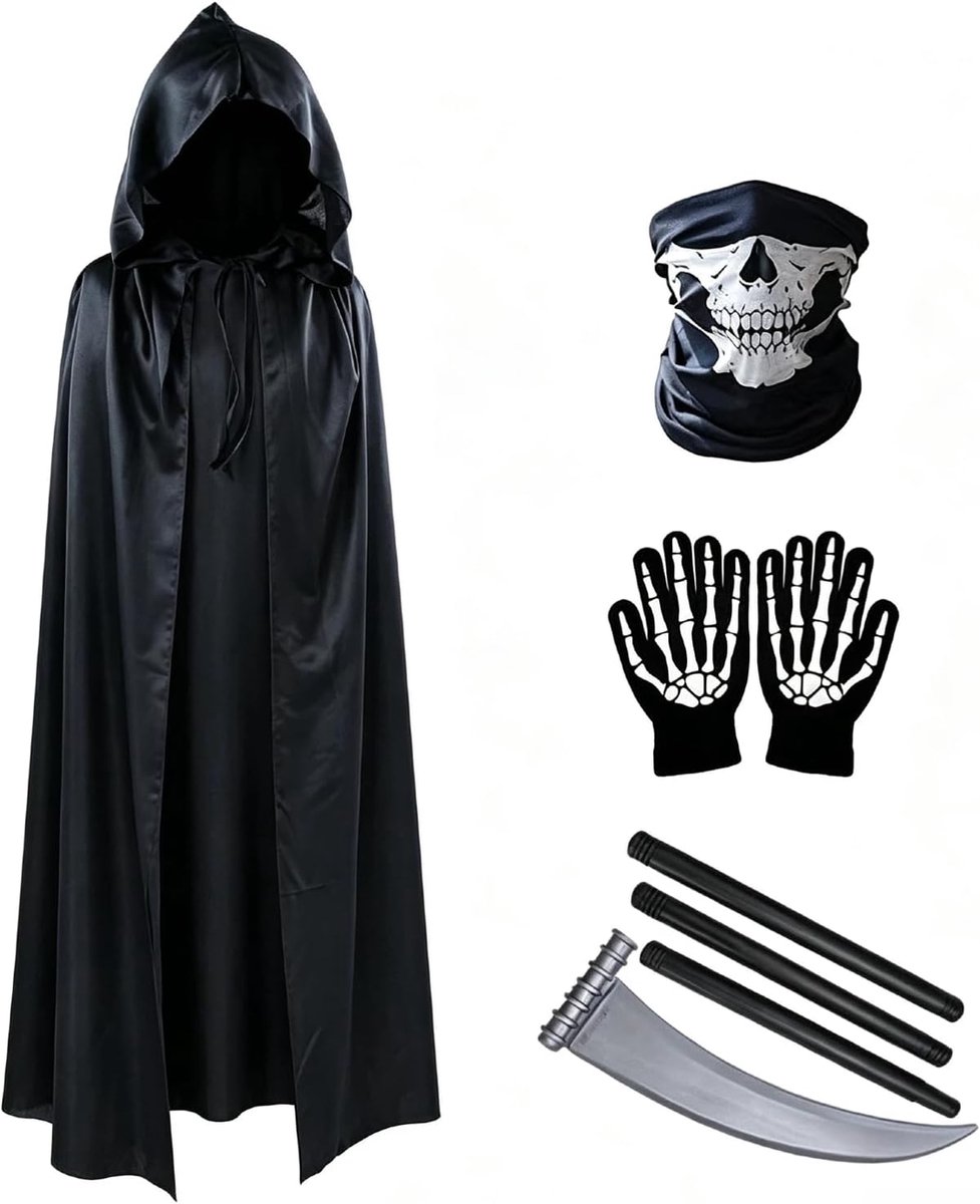 Sensenman-kostuumset, zwarte cape met capuchon met doodskopmasker, skelethandschoenen en plastic sense, Grim Reaper verkleding voor kinderen en volwassenen, carnavalsfeest