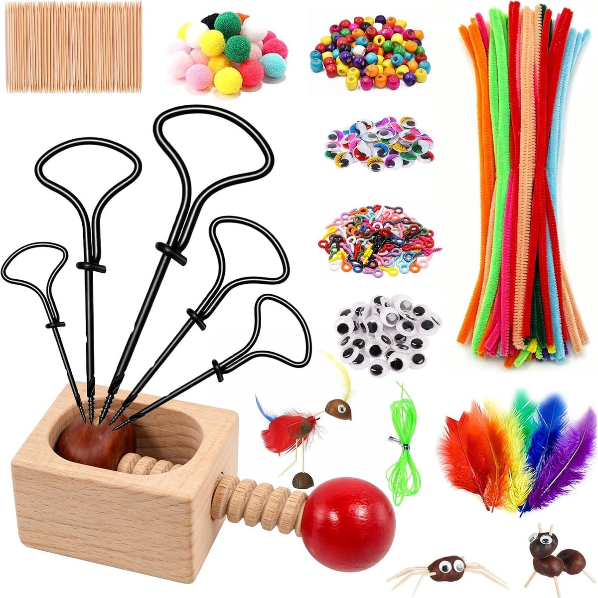 Set voor kinderen, met kastanjehouder, 597-delige knutselset voor kinderen, kastanjesset om te knutselen met kastanje, herfst, kastanjemannetjes, doe-het-zelfset, 1,5-5 mm handboor en