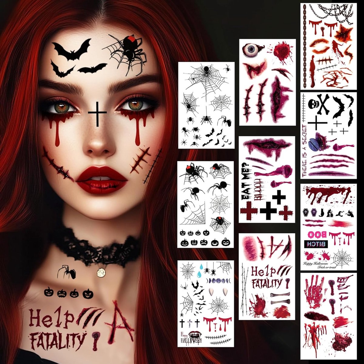 Make-up, Halloween, voor gezicht, 10 vellen, Halloween-kostuum, dames, heren, meisjes, jongens, stickers, spin, kunstlittekens, zelfklevend, vampierkostuum voor kinderen, volwassenen