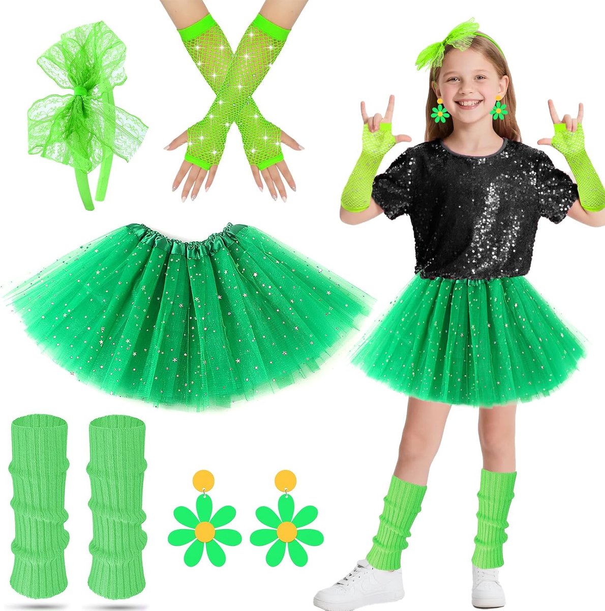 80-outfit voor kinderen, manchetten voor kinderen, jaren 80-outfit voor meisjes, met tutu, rok, fishnet, handschoenen, oorbellen, hoofdband, meisjes, feestjurk voor jaren 80, 90