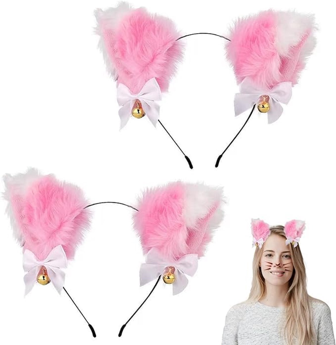 Nep bont dieren oorbellen set + vos oorbellen hoofdband + 2 stuks + roze met wit + rolspelen en partij accessoires voor kinderen en volwassenen