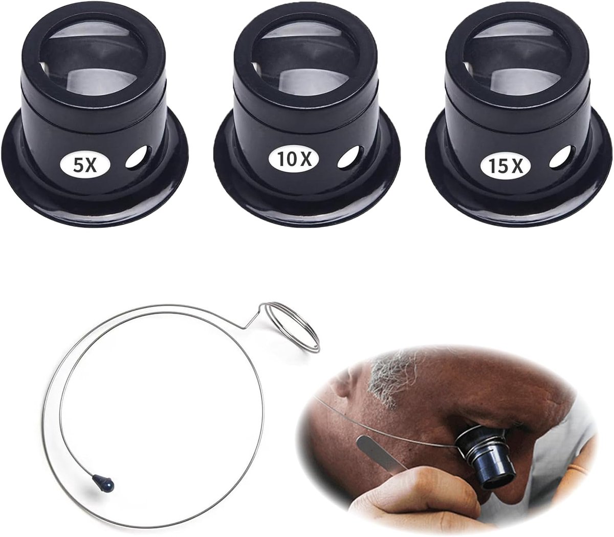 3 stuks horlogemakersloep, 5x/10x/15x, juweliersloep, horlogemakersloep, monoculair, sieradenvergrootglas, klein en licht, oculair, met vergrootglas en stalen ring, eenvoudig te identificeren en te