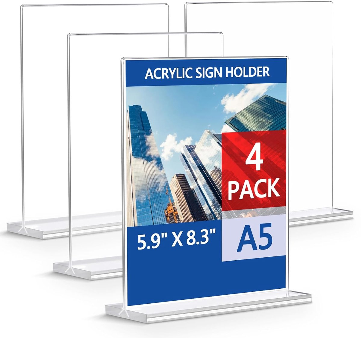 Acryl bordhouder, 4 stuks T-vormige perspex displaystandaarden, dubbelzijdige transparante poster menuhouder met basis voor kantoor, menu, hotel, winkel, restaurant, bruiloft