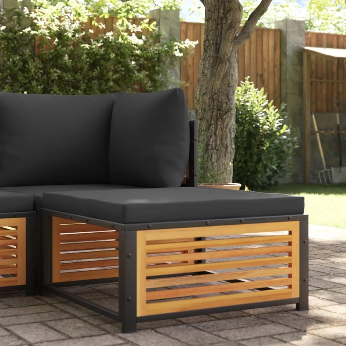 Tuinkruk van acaciahout met kussen, voetenbank voor terras en tuin, 68 x 68 x 30 cm, weerbestendige outdoor zitkruk met kussen